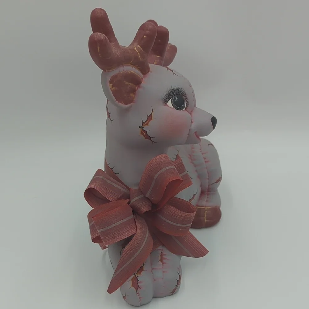 Vintage Ceramic Mold Reindeer Christmas  Handpainted Bow Purple Brown Quilted